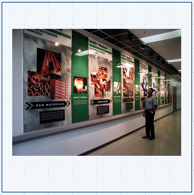 Large exhibit graphic design showing the quality control steps for an orthopedic apparatus manufacturing company